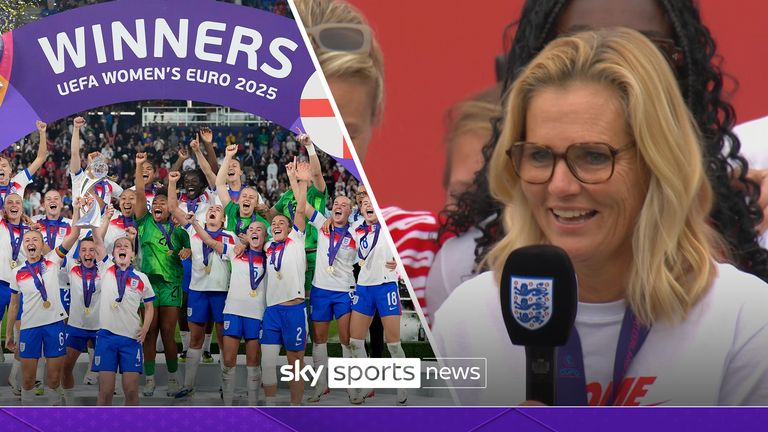 Sarina Weigman joins Alex Scott on stage during England's 2025 Euro victory parade as the head coach expressed what it meant to her to help national team to their second European title. 