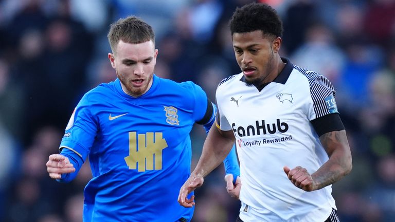 Rhian Brewster (right) runs with the ball alongside Birmingham's Marc Leonard on Boxing Day, 2025