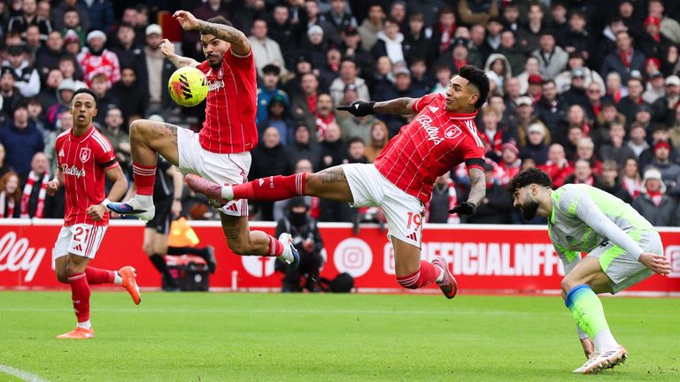 Morgan Gibbs-White and Igor Jesus attempt to connect with a cross against Manchester City