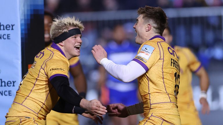 Henry Pollock (two) and Tommy Freeman (hat-trick) scored tries as Northampton came from behind to win at Prem leaders Bath