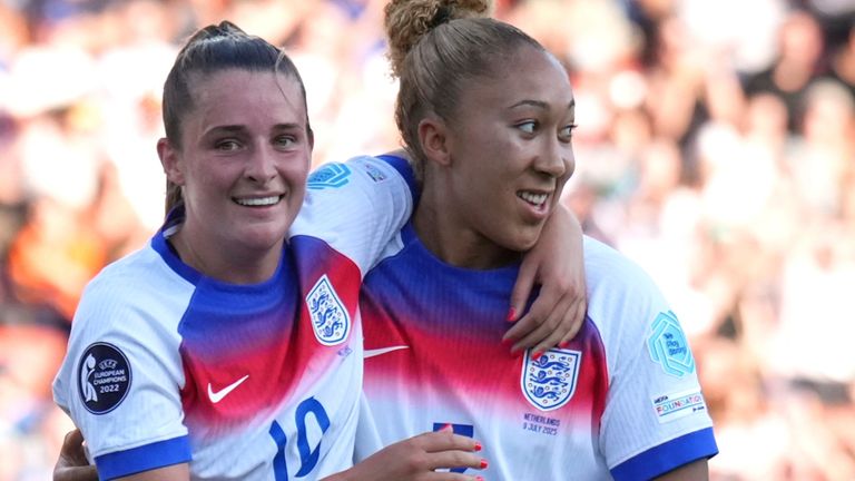 Lauren James celebrates with Ella Toone after scoring her second and England's third goal (AP Photo/Alessandra Tarantino)