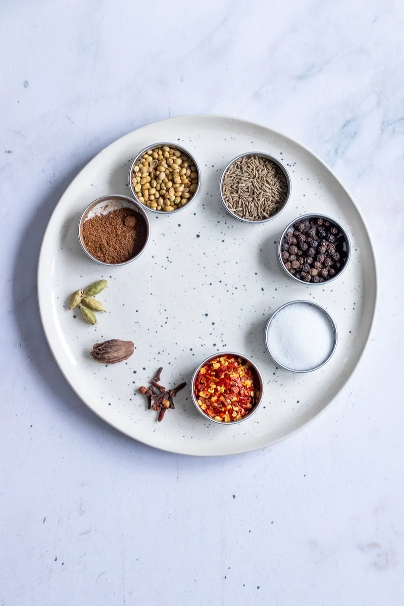 top down view of the spices needed for kabab masala 