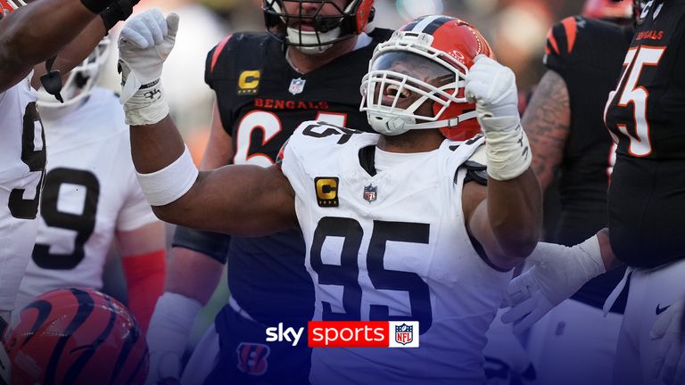 Cleveland Browns defensive end Myles Garrett (95) celebrates after sacking Cincinnati Bengals quarterback Joe Burrow (9) to set an NFL record for sacks in the regular season during the second half of an NFL football game, Sunday, Jan. 4, 2026, in Cincinnati.