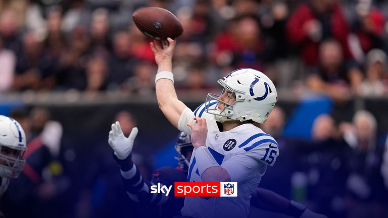 Indianapolis Colts quarterback Riley Leonard (15) throws a touchdown pass against the Houston Texans during the first half of an NFL football game in Houston, Sunday, Jan. 4, 2026. 