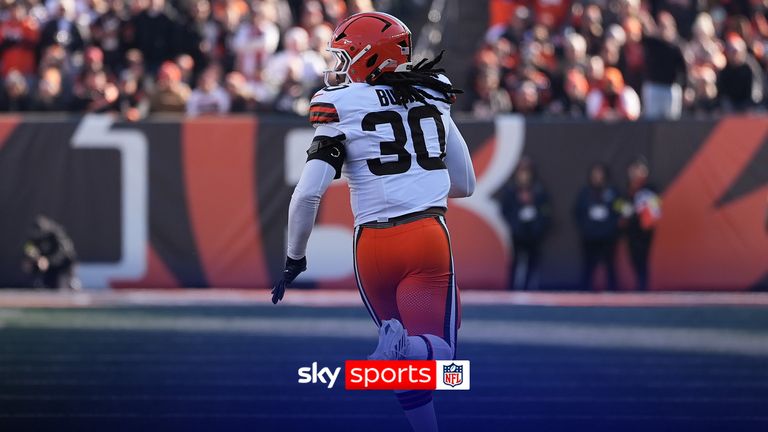 Cleveland Browns linebacker Devin Bush (30) returns an interception for a touchdown against the Cincinnati Bengals during the first half of an NFL football game, Sunday, Jan. 4, 2026, in Cincinnati.