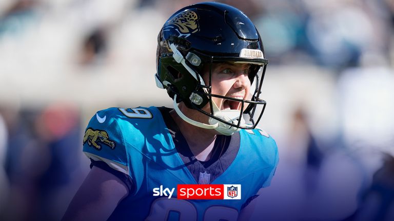 Jacksonville Jaguars place-kicker Cam Little (39) celebrates his 67-yard field goal during the first half of an NFL football game against the Tennessee Titans, Sunday, Jan. 4, 2026, in Jacksonville, Fla.