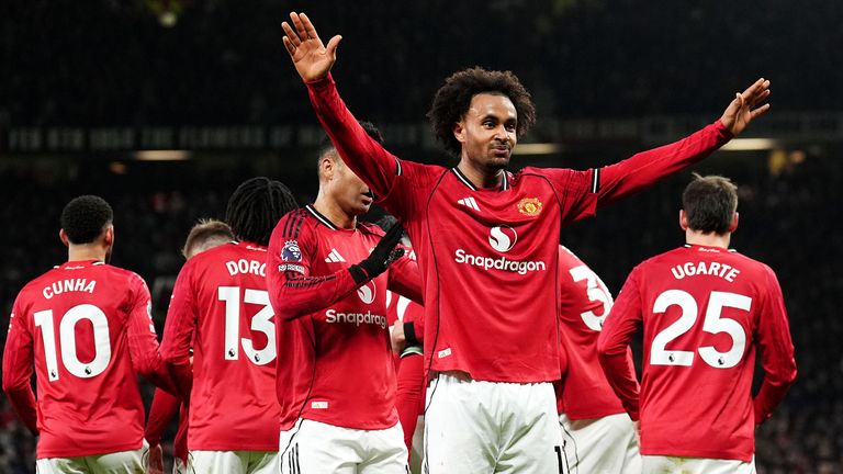 Joshua Zirkzee celebrates after his deflected shot gives Man Utd a 1-0 lead