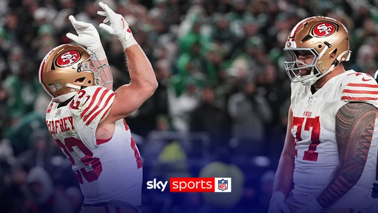 San Francisco 49ers running back Christian McCaffrey (23) tosses the ball after scoring a touchdown during the second half of an NFL wild-card playoff football game against the Philadelphia Eagles on Sunday, Jan. 11, 2026, in Philadelphia.