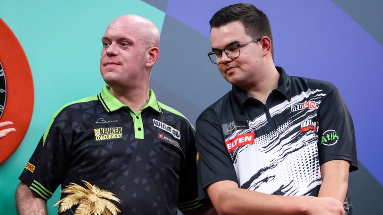 Michael van Gerwen and Gian van Veen at the Bahrain Darts Masters