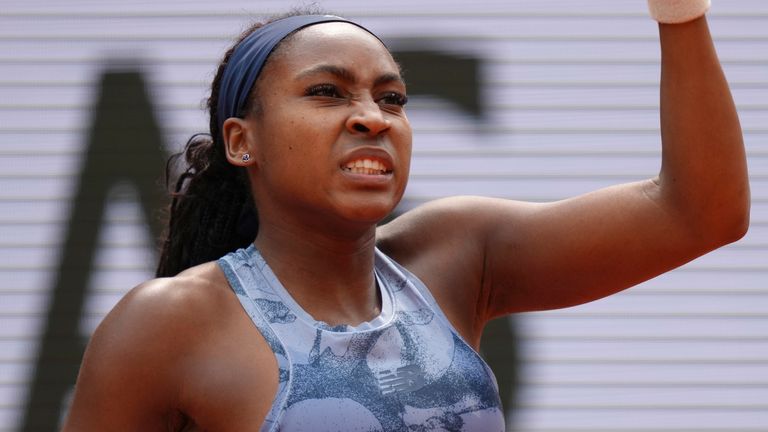 Coco Gauff of the U.S. reacts as she plays against Aryna Sabalenka of Belarus during their final match of the French Tennis Open at the Rola