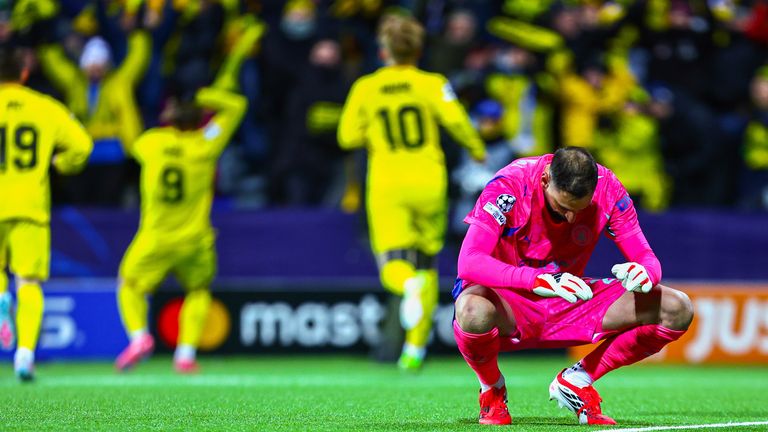 Manchester City goalkeeper Gianluigi Donnarumma after letting in a goal during the Champions League soccer match between Bodo/Glimt and Manchester City in Bodo, Norway, Tuesday, Jan. 20, 2026. (Fredrik Varfjell/NTB via AP)