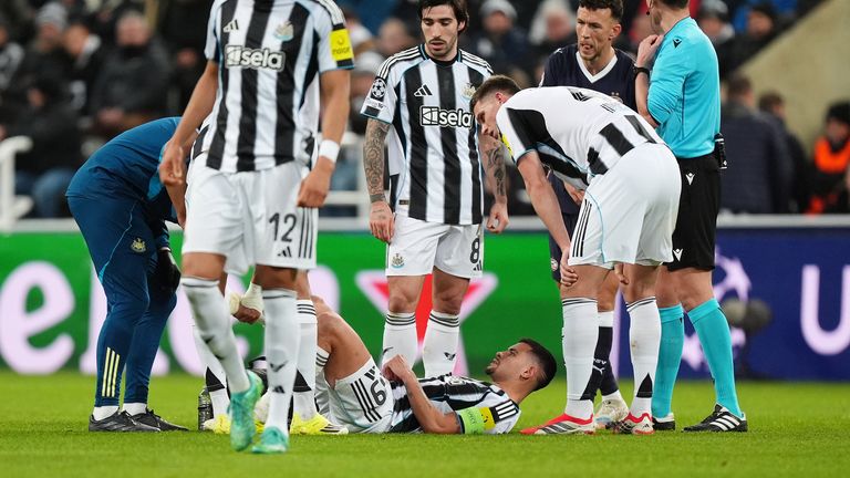 Newcastle captain Bruno Guimaraes went off injured during the 3-0 win against PSV