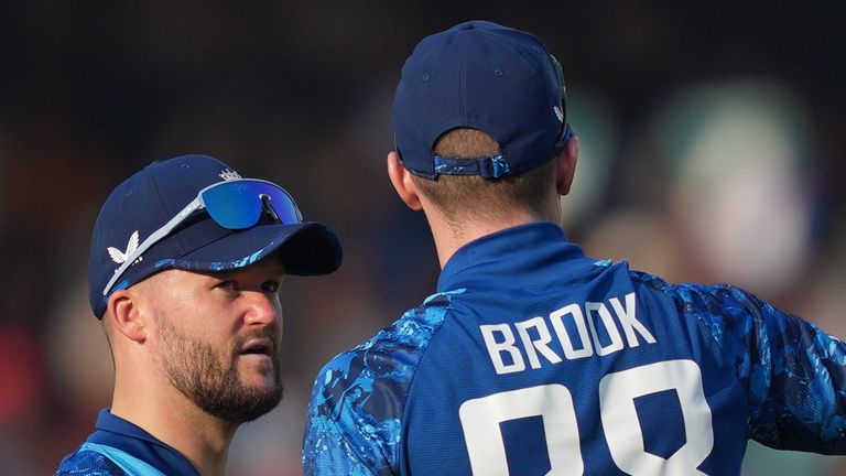 England's captain Harry Brook speaks with Ben Duckett during the second ODI (Associated Press) 