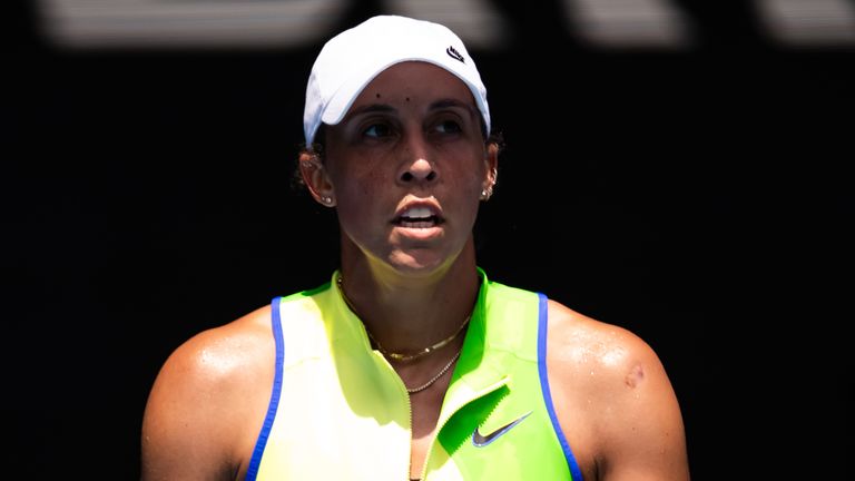 Madison Keys of the United States in action against Oleksandra Oliynykova of Ukraine in the first round on Day 3 of the 2026 Australian Ope