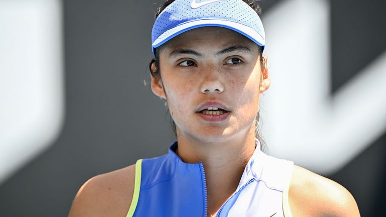 Emma Raducanu of Great Britain reacts after losing a point against Anastasia Potapova of Austria in the Women's Singles Second Round during 