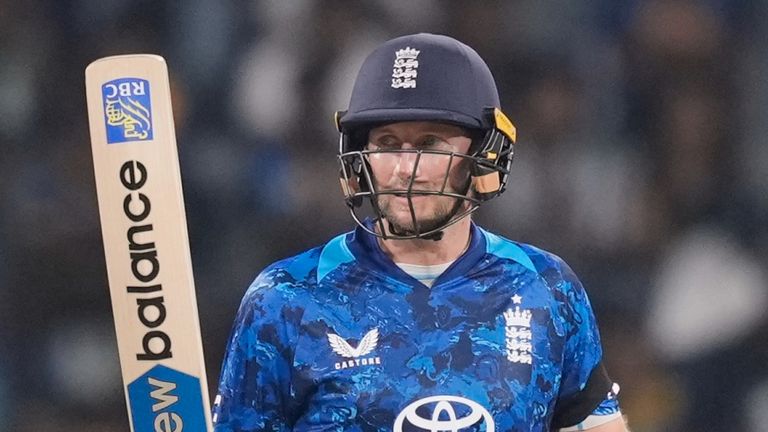England's Joe Root celebrates his fifty runs during the first ODI cricket match between England and Sri Lanka in Colombo, Sri Lanka, Thursday, Jan. 22, 2026. (AP Photo/Eranga Jayawardena)