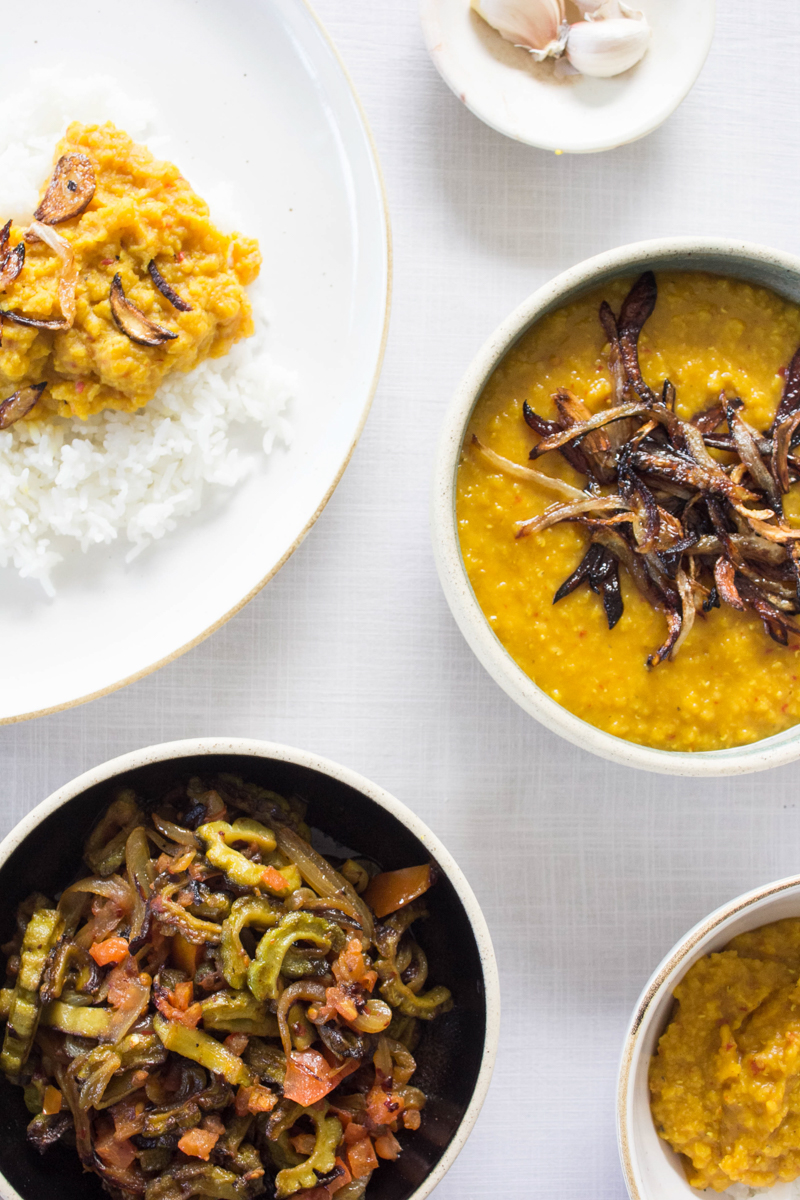 Masoor dal plate, bowl with a side of karela sabzi