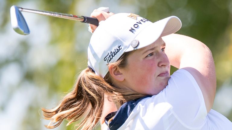 Lottie Woad, of England, tees off on the seventh hole during the first round of the Kroger Queen City Championship 