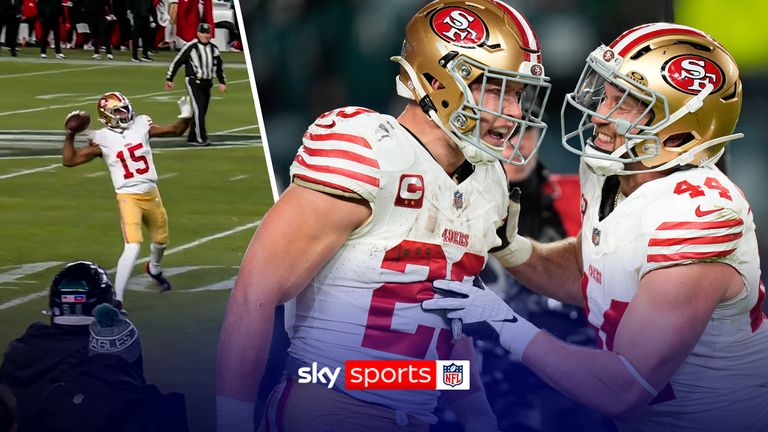 San Francisco 49ers running back Christian McCaffrey (23) and 49ers fullback Kyle Juszczyk (44) celebrate after McCaffrey scored a touchdown during the second half of an NFL wild-card playoff football game against the Philadelphia Eagles on Sunday, Jan. 11, 2026, in Philadelphia.
