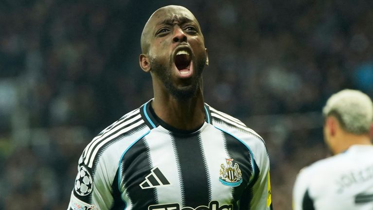 Newcastle's Yoane Wissa celebrates after scoring a goal against PSV Eindhoven
