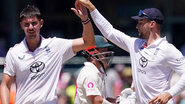 Josh Tongue celebrates the wicket of Travis Head on the fifth morning of the final Ashes Test in Sydney