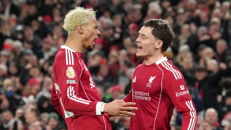 Hugo Ekitike and Florian Wirtz celebrate Liverpool's equaliser(AP Photo/Jon Super)
