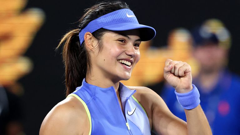 Britain's Emma Raducanu celebrates the match point against Thailand's Mananchaya Sawangkaew during their women's singles match on day one of