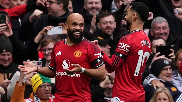 Bryan Mbeumo celebrates after giving Manchester United the lead against Spurs