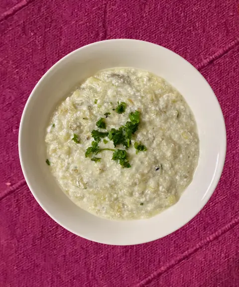  Freshly whipped yoghurt mixed with baigan ka bharta. Photo: Author 