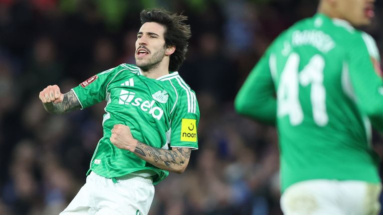Sandro Tonali celebrates scoring Newcastle's equaliser