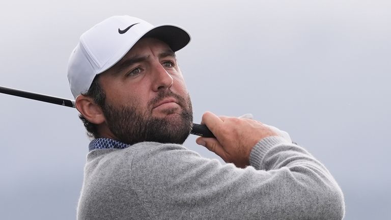 Scottie Scheffler hits from the 14th tee at Pebble Beach Golf Links during the final round of the AT&T Pebble Beach Pro-Am 
