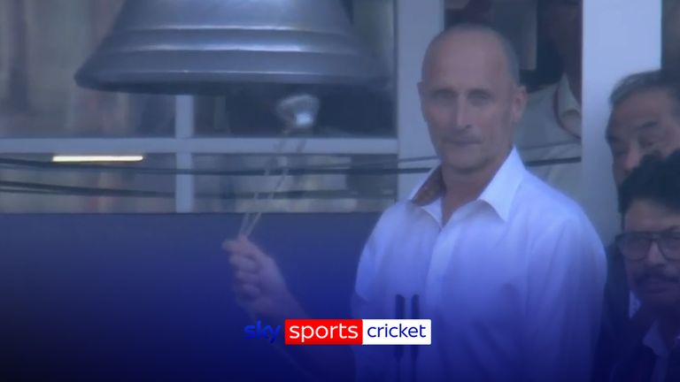 Sky Sports' Nasser Hussain rings the bell at Eden Gardens ahead of Englands clash against Italy.