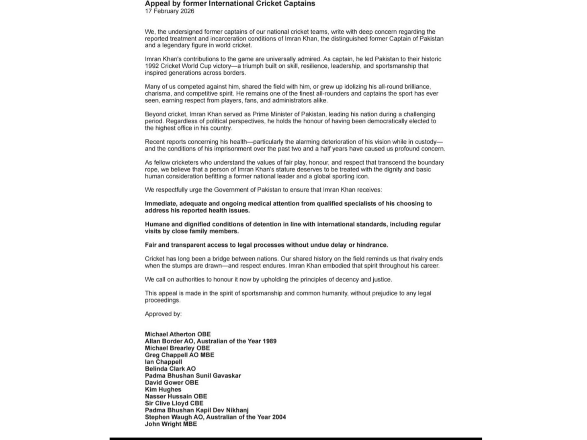 Several former international cricket captains have penned a letter to the Government of Pakistan, expressing concern over the reported treatment and incarceration conditions of Former Prime Minister Imran Khan, calling for medical care and due legal process