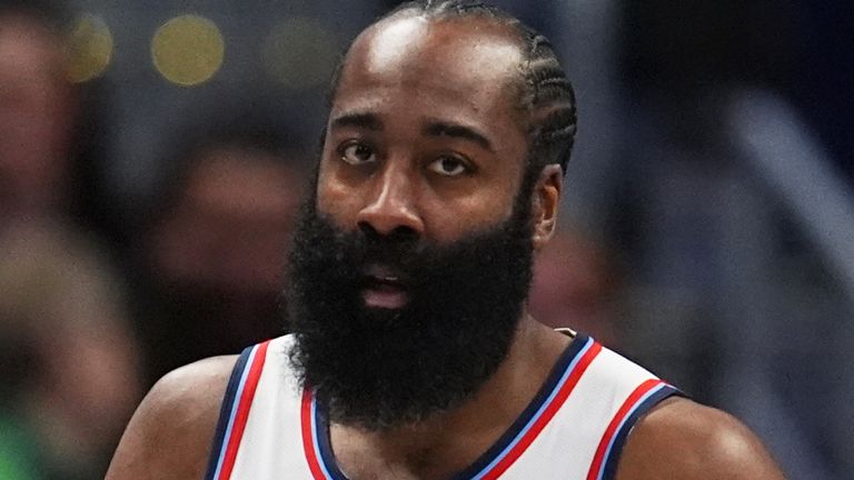 Los Angeles Clippers guard James Harden (1) in the first half of an NBA basketball game Friday, Jan. 30, 2026, in Denver. (AP Photo/David Zalubowski)