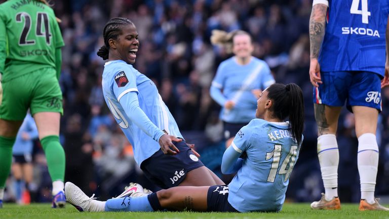 Kerolin celebrates with team-mate Khadija Shaw after scoring Man City's third goal