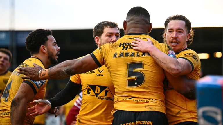 Mikaele Ravalawa of Castleford celebrating his try