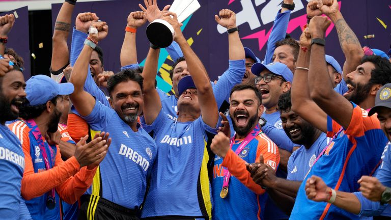 India celebrate winning the 2024 Men's T20 World Cup (Associated Press)