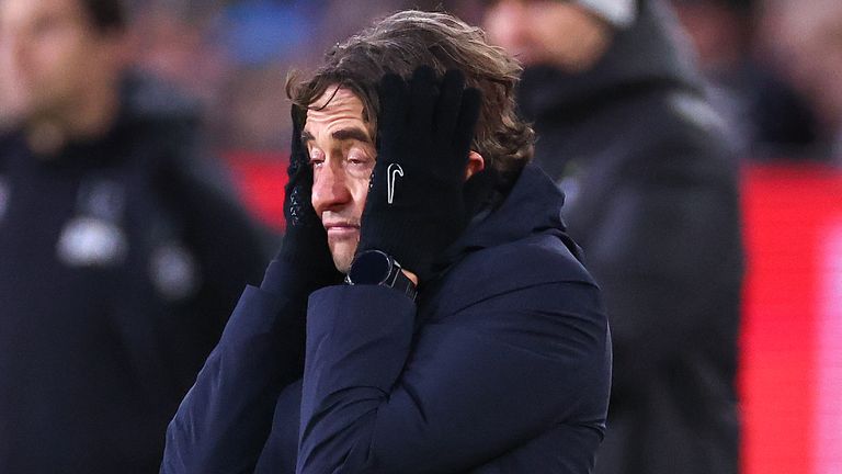 Tottenham Hotspur manager Thomas Frank reacts during his side's 2-2 draw at Burnley