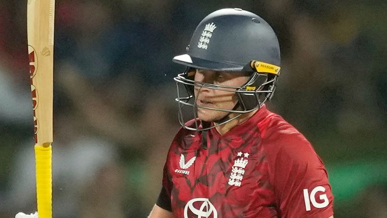 England's Sam Curran celebrates his half-century in the third and final T20 against Sri Lanka in February 2026 (Associated Press)
