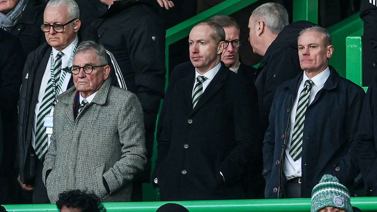 GLASGOW, SCOTLAND - JANUARY 03: Celtic chief executive Michael Nicholson, chief financial officer Chris McKay and interim chairman Brian Wilson during a William Hill Premiership match between Celtic and Rangers at Celtic Park, on January 03, 2026, in Glasgow, Scotland. (Photo by Craig Foy / SNS Group)