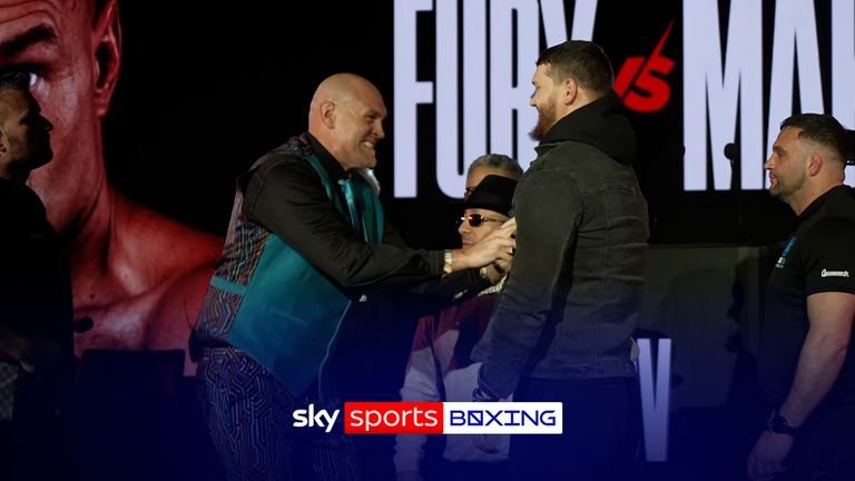 Tyson Fury playfully tickled Arslanbek Makhmudov at the face-off ahead of their much-anticipated fight in April.