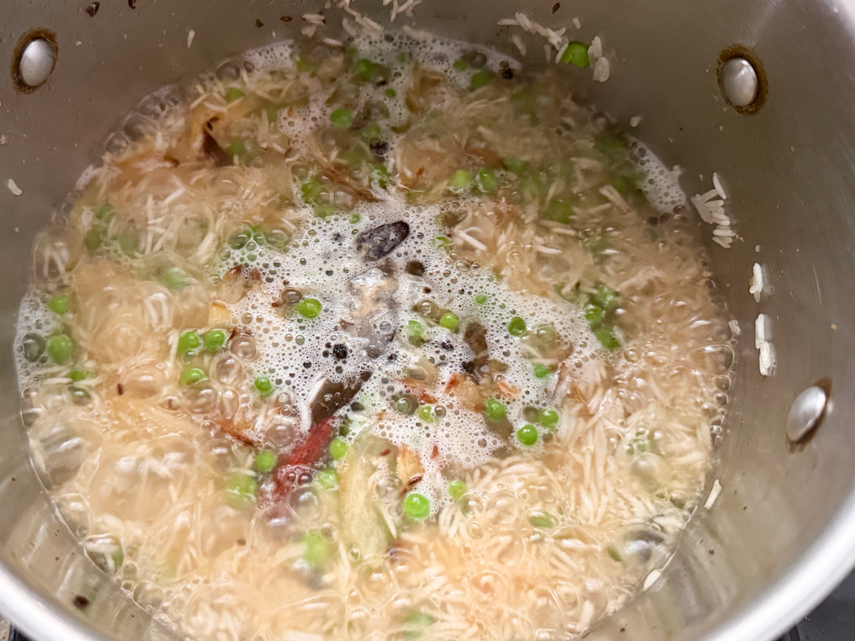 Add water to pulao, and bring to boil. 