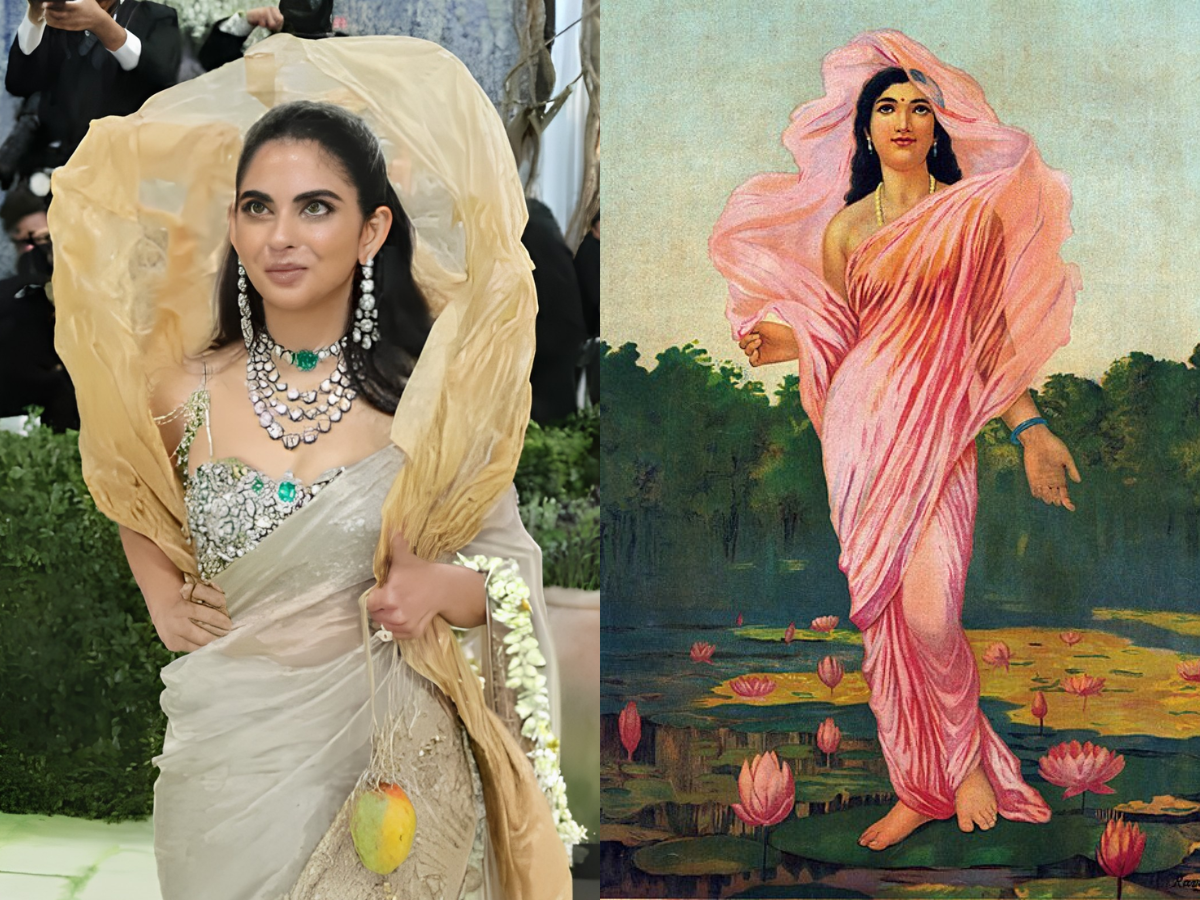 Isha Ambani in Garav Gupta (Reuters) inspired by Padmini, the Lotus Lady (Raja Ravi Varma)