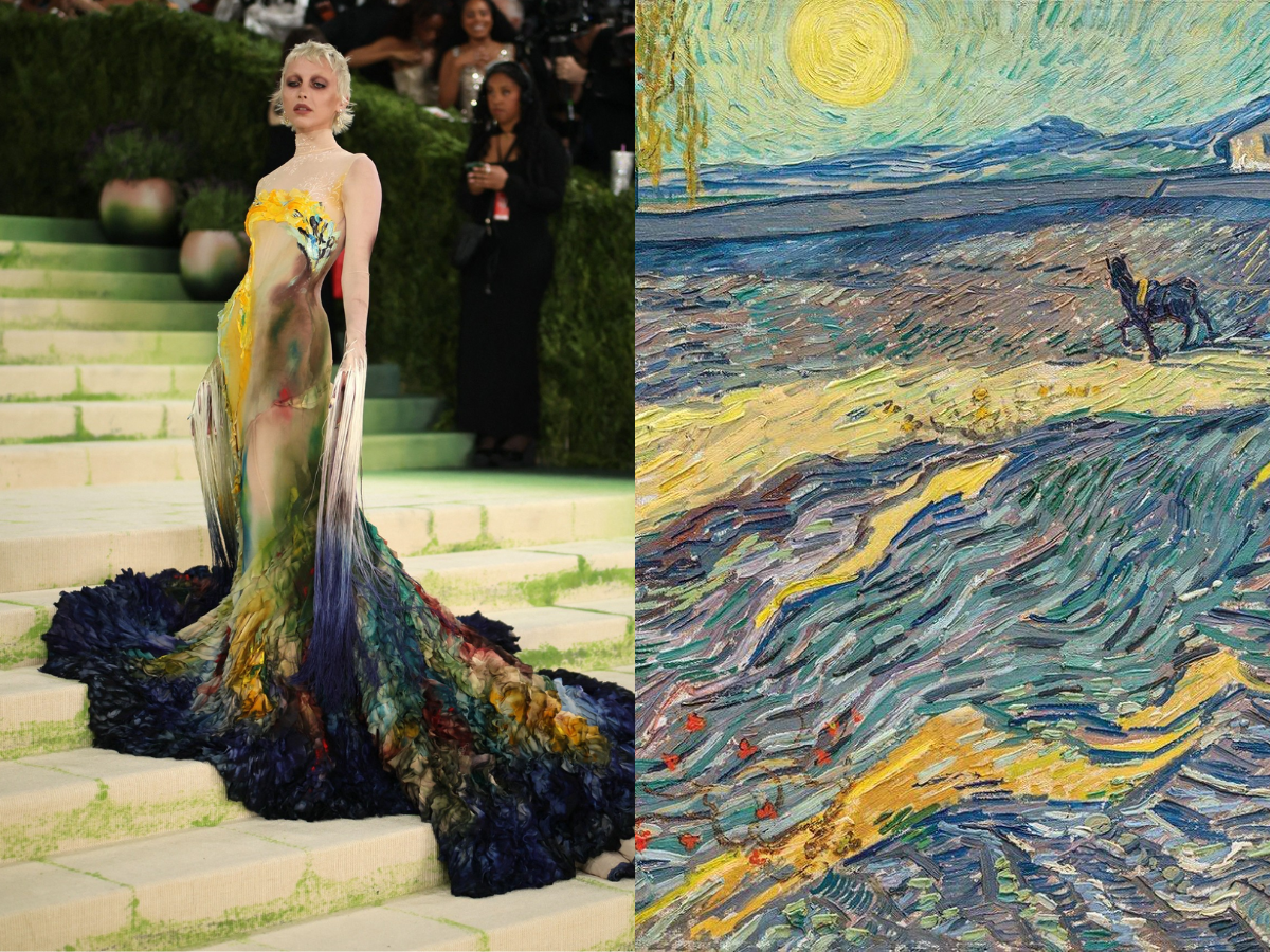 Emma Chamberlain in Mugler (Reuters) inspired by Enclosed Field with Ploughman (Vincent van Gogh)