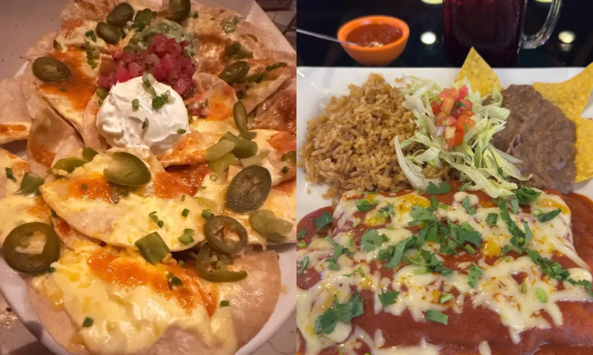 Nachos and an enchilada with my hibiscus drink.