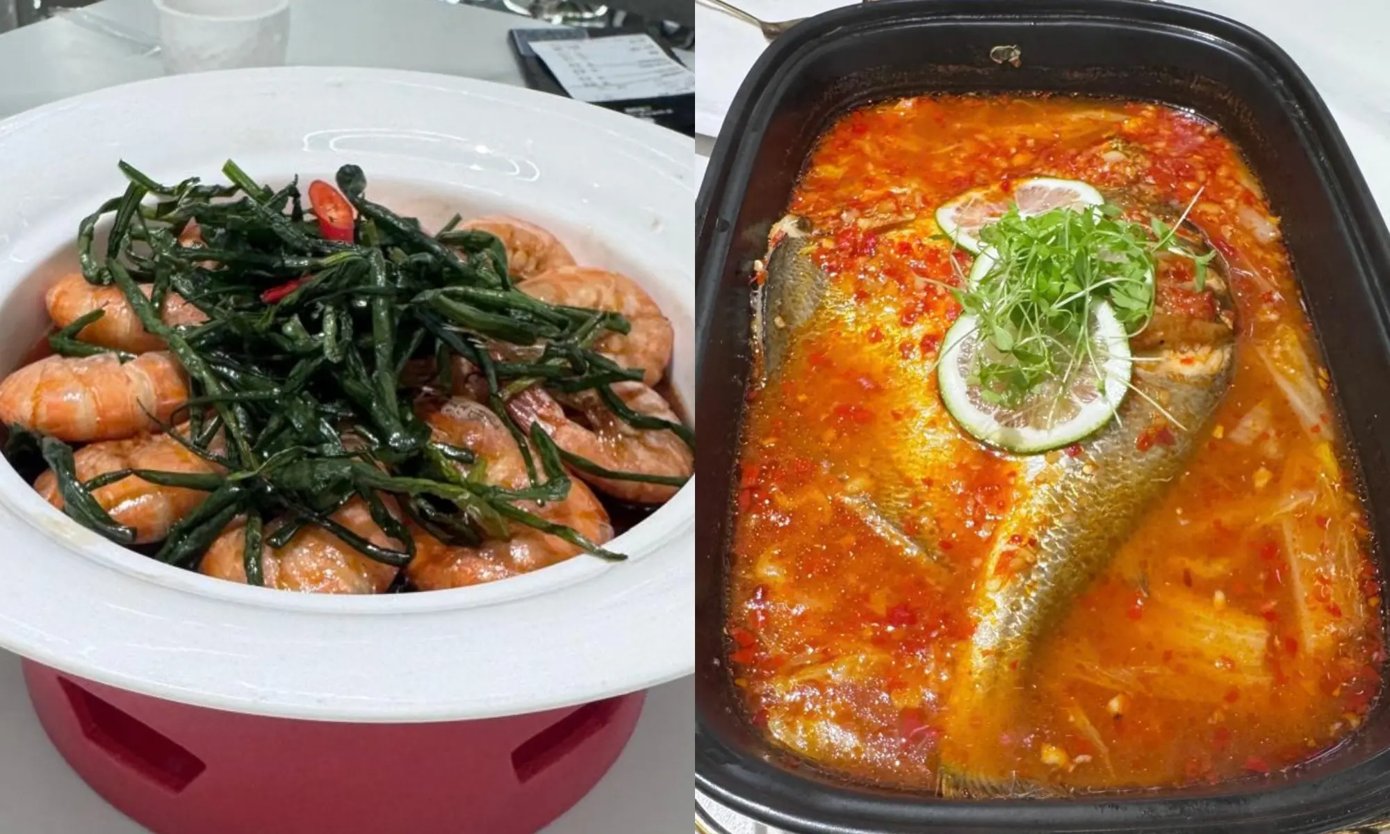 Yellow croaker fish and steamed shrimp.